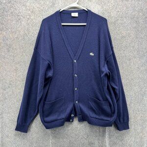 Lacoste Sweater Mens 2XL Blue Cardigan V Neck Button Pockets Logo Knit 7
